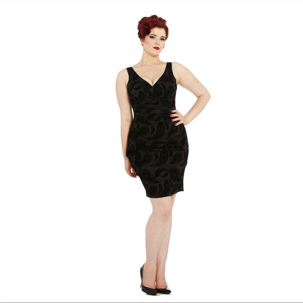Vooodoo Vixen Black flocked feather retro pinup Pinupgirl pencil dress